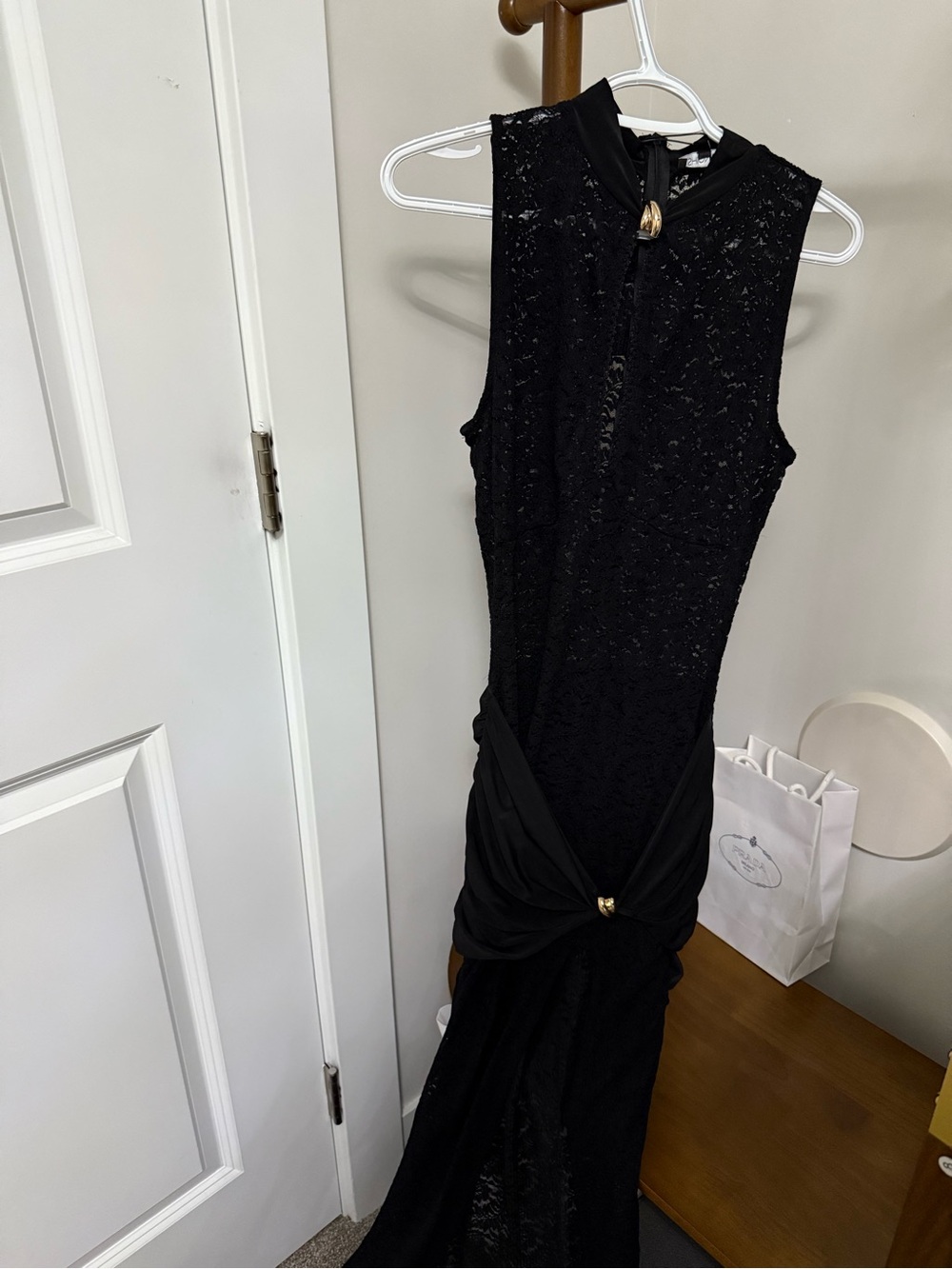 Fashion Nova Black Lace Maxi Dress with Gold Accent